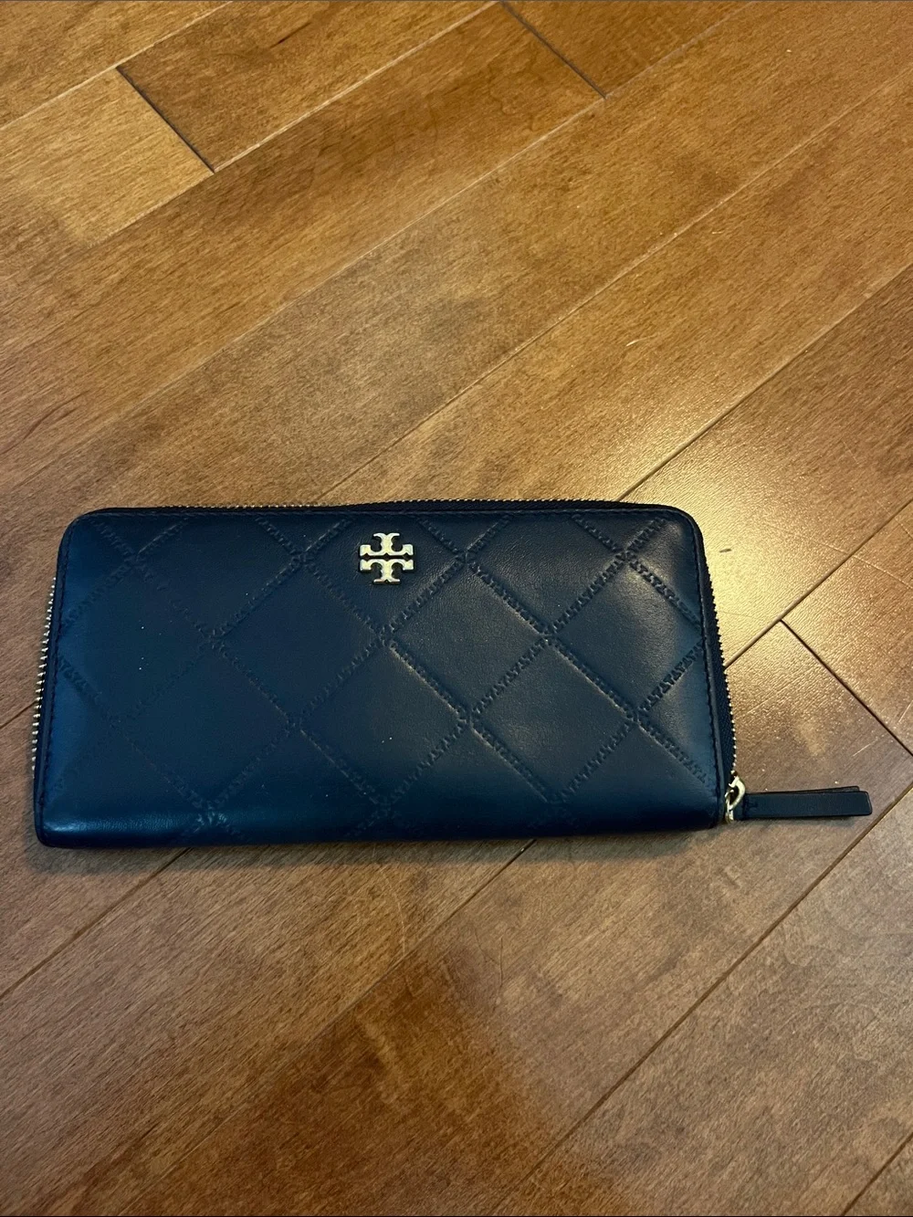 Tory Burch Black Quilted Zip Wallet with Gold Logo